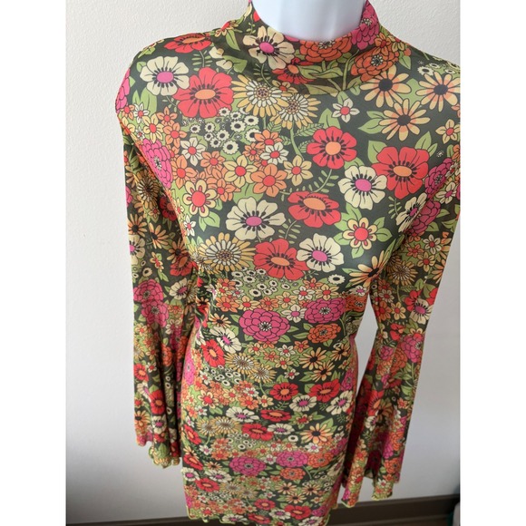 Boho Fairycore Dress 1X Mini 70s Retro Sheer Floral Mesh Bell Sleeve Lettuce Hem - Picture 12 of 13